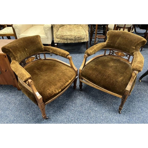 41 - PAIR OF 19TH CENTURY ROSEWOOD ARMCHAIRS WITH INLAID PANELS & LINE INLAY TO SQUARE TAPERING SUPPORTS