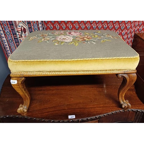 438 - 19TH CENTURY WALNUT RECTANGULAR STOOL WITH FLORAL TAPESTRY TOP ON CABRIOLE SUPPORTS