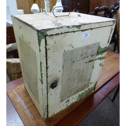 442 - 20TH CENTURY PAINTED METAL HANGING MEAT SAFE WITH PIERCED PANEL SIDES & SINGLE PIERCED PANEL DOOR OP... 