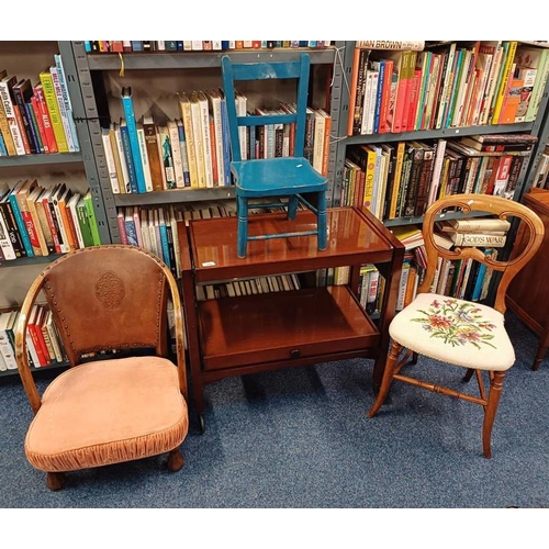 445 - OAK ARMCHAIR WITH LEATHER BACK WITH EMBOSSED DECORATION, MAHOGANY HAND CHAIR, ETC