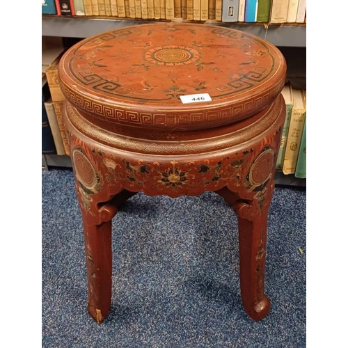 446 - RED LACQUER & GILT CHINESE CIRCULAR OCCASIONAL TABLE WITH ORIENTAL BUTTERFLY DECORATION. DIAMETER 37... 