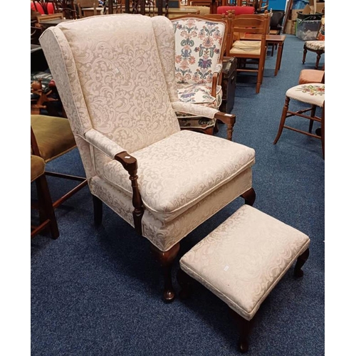 448 - MAHOGANY FRAMED WINGBACK ARMCHAIR ON QUEEN ANNE SUPPORTS & MATCHING STOOL