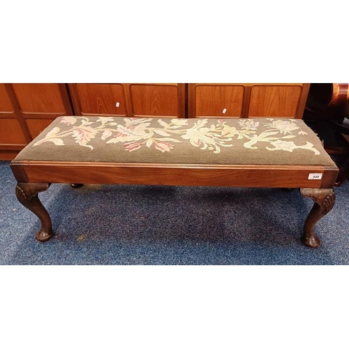 449 - LATE 19TH CENTURY MAHOGANY RECTANGULAR STOOL WITH FLORAL TAPESTRY TOP ON QUEEN ANNE SUPPORTS