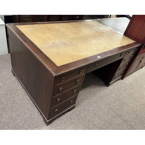 51 - 20TH CENTURY MAHOGANY KNEEHOLE PARTNERS DESK WITH LEATHER INSET TOP - 163CM WIDE