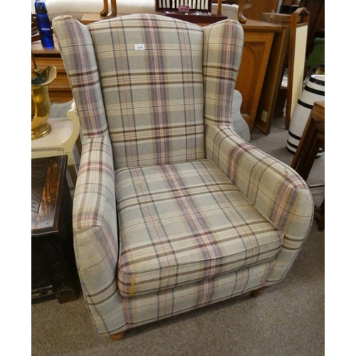 54 - OVERSTUFFED WINGBACK ARMCHAIR ON TURNED SUPPORTS WITH CAMBRIDGE PLAID PATTERN