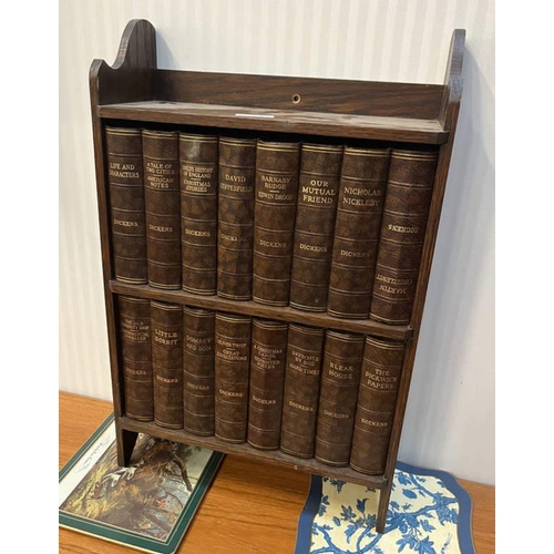 55 - EARLY 20TH CENTURY OAK TABLE TOP BOOKCASE WITH THE WORKS OF CHARLES DICKENS IN 16 VOLUMES  - 56CM TA... 