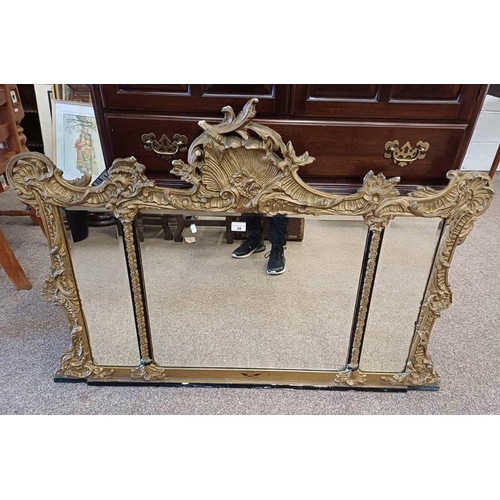 56 - 20TH CENTURY OVERMANTLE MIRROR WITH DECORATIVE CARVED GILT FRAME, INNER DIMENSIONS 55CM TALL X 62 CM... 