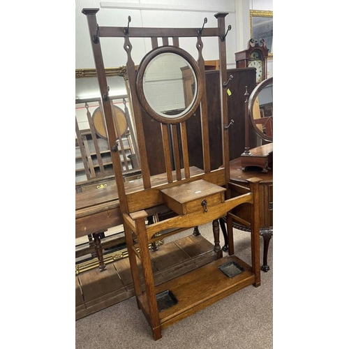 59 - EARLY 20TH CENTURY ARTS & CRAFTS STYLE OAK HALL STAND WITH COPPERISED HOOKS & CIRCULAR MIRROR ON SQU... 