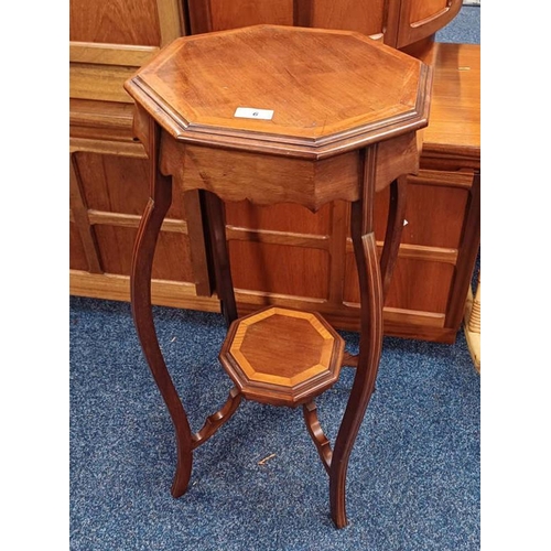 6 - EARLY 20TH CENTURY INLAID MAHOGANY 2-TIER PLANT STAND ON SHAPED SUPPORTS - 73CM TALL