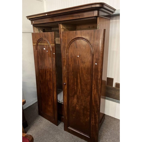 72 - 19TH CENTURY MAHOGANY 2 DOOR WARDROBE WITH FITTED INTERIOR ON PLINTH BASE, 216CM TALL