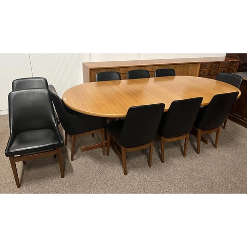 8 - TEAK EXTENDING DINING TABLE WITH 2 EXTRA LEAVES & SET OF 10 BLACK LEATHERETTE & TEAK DINING CHAIRS, ... 