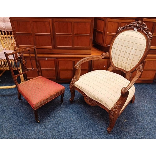 80 - 19TH CENTURY STYLE CARVED MAHOGANY FRAMED OPEN ARMCHAIR ON CABRIOLE SUPPORTS & INLAID MAHOGANY CHAIR