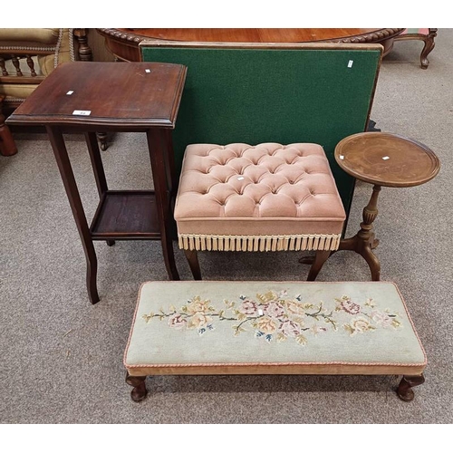 84 - MAHOGANY FRAMED TAPESTRY TOPPED STOOL, BUTTONED TOP RECTANGULAR STOOL, 2 OCCASIONAL TABLES, ETC