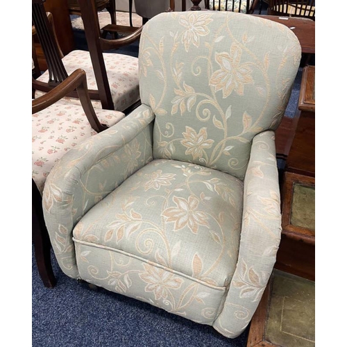 99 - EARLY 20TH CENTURY GREEN FLORAL UPHOLSTERED ARMCHAIR ON BUN FEET