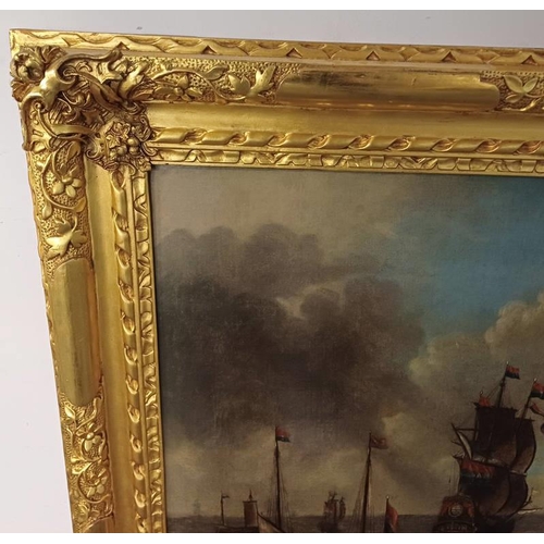 1006 - ABRAHAM STORK (DUTCH, 1635-1710) SHIPS HEADING TO SEA,  GILT FRAMED OIL ON CANVAS  60 X 64CM  KOLLER... 