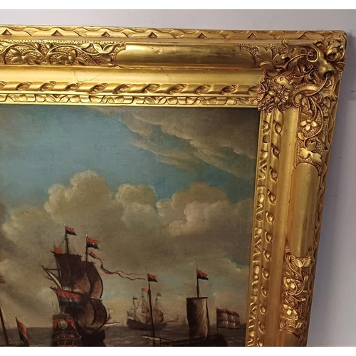 1006 - ABRAHAM STORK (DUTCH, 1635-1710) SHIPS HEADING TO SEA,  GILT FRAMED OIL ON CANVAS  60 X 64CM  KOLLER... 