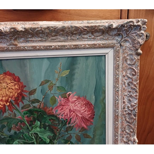 1018 - WILLIAM CROSBIE RSA 1915-1999 - (ARR)  DAHLIAS IN FLORAL BLUE & WHITE VASE,  SIGNED, LOWER LEFT  FRA... 