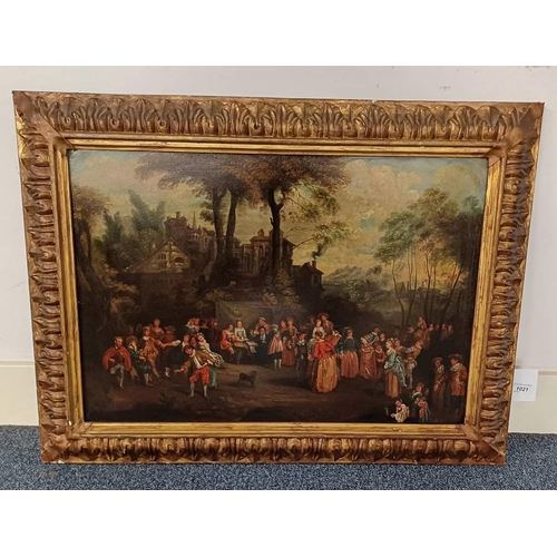 1021 - FLEMISH SCHOOL 18TH CENTURY SCENE WITH CASTLE & FIGURES UNSIGNED FRAMED OIL PAINTING ON COPPER PANEL... 