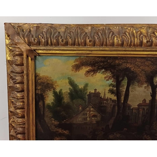 1021 - FLEMISH SCHOOL 18TH CENTURY SCENE WITH CASTLE & FIGURES UNSIGNED FRAMED OIL PAINTING ON COPPER PANEL... 