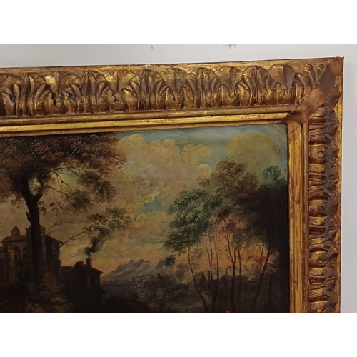 1021 - FLEMISH SCHOOL 18TH CENTURY SCENE WITH CASTLE & FIGURES UNSIGNED FRAMED OIL PAINTING ON COPPER PANEL... 