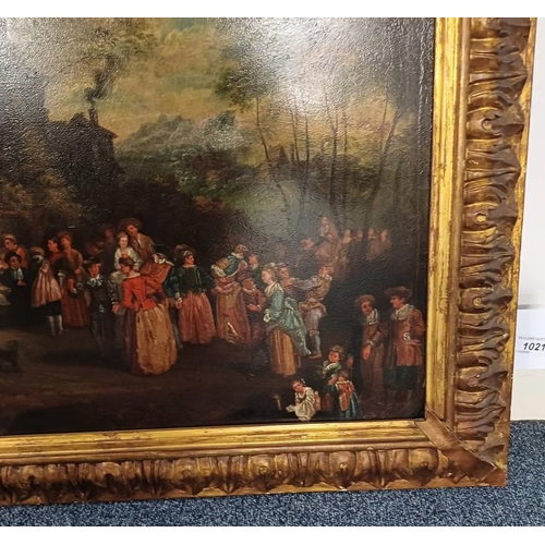 1021 - FLEMISH SCHOOL 18TH CENTURY SCENE WITH CASTLE & FIGURES UNSIGNED FRAMED OIL PAINTING ON COPPER PANEL... 