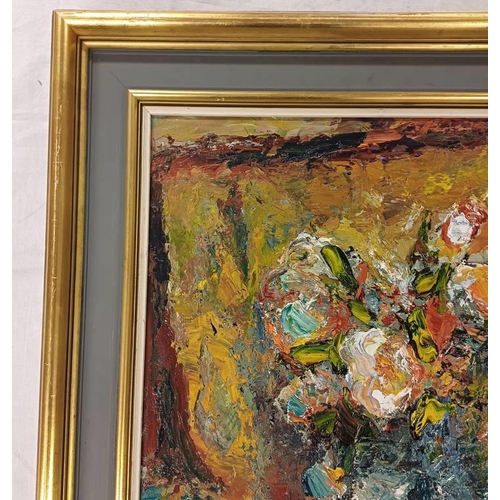 1027 - SIR WILLIAM MACTAGGART - (ARR),   STILL LIFE YELLOW AND WHITE SIGNED, LOWER RIGHT  FRAMED OIL ON BOA... 