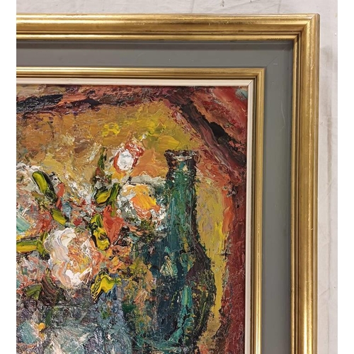 1027 - SIR WILLIAM MACTAGGART - (ARR),   STILL LIFE YELLOW AND WHITE SIGNED, LOWER RIGHT  FRAMED OIL ON BOA... 