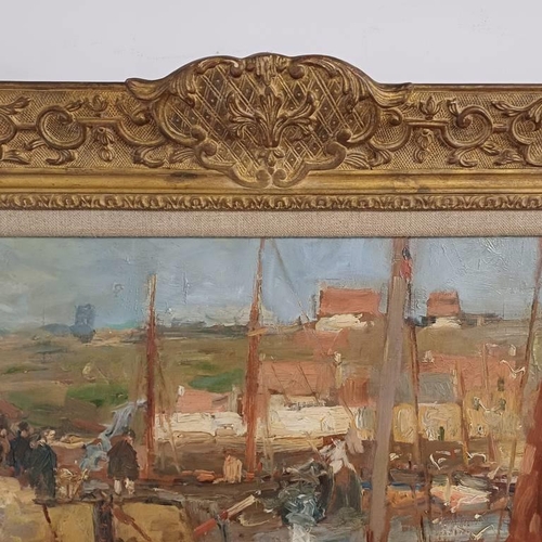 1049 - EUGENE DEKKERT KIRKCALDY HARBOUR SIGNED LOWER LEFT FRAMED OIL ON CANVAS LAID ON BOARD 63 X 80 CM  PR... 