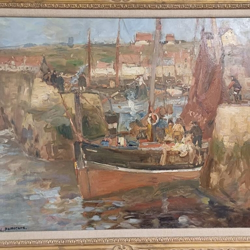 1049 - EUGENE DEKKERT KIRKCALDY HARBOUR SIGNED LOWER LEFT FRAMED OIL ON CANVAS LAID ON BOARD 63 X 80 CM  PR... 