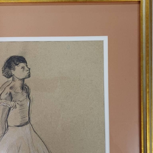 1085 - FOLLOWER OF DEGAS,  A BALLERINA,  BEARS SIGNATURE,  CHARCOAL DRAWING   40 X 27 CM