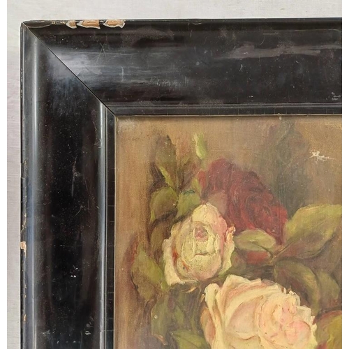 1103 - M GRIEVE  ROSES  SIGNED LOWER RIGHT FRAMED OIL PAINTING 29 X 45 CM