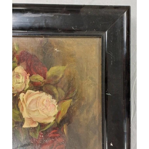 1103 - M GRIEVE  ROSES  SIGNED LOWER RIGHT FRAMED OIL PAINTING 29 X 45 CM