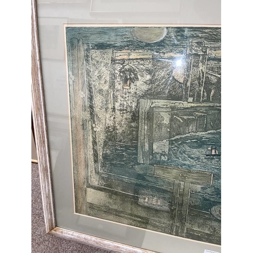 1182 - SYLVIA WISHART - (ARR),  CLIFFSIDE SCENE,  LABEL TO REVERSE,  FRAMED ETCHING & MIXED MEDIA  47CM X 5... 