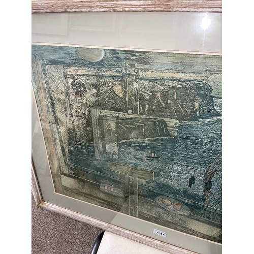 1182 - SYLVIA WISHART - (ARR),  CLIFFSIDE SCENE,  LABEL TO REVERSE,  FRAMED ETCHING & MIXED MEDIA  47CM X 5... 