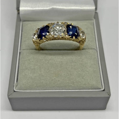 1 - EARLY 20TH CENTURY SAPPHIRE & DIAMOND 5- STONE RING, THE CENTRAL OLD EUROPEAN CUT DIAMOND APPROX 1.9... 