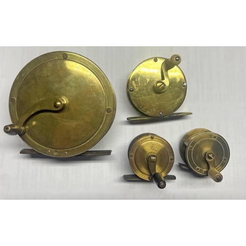 1050 - FOUR VARIOUS ALL BRASS WINCH REELS WITH CRANK-WINDING ARMS 4' AND SMALLER