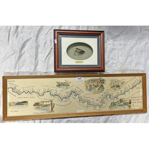 1051 - FISHERMANS MAP OF SALMON POOLS ON PART OF RIVER SPEY BY I SCOTT AND A FRAMED ''THE DUNT'' SALMON FLy... 