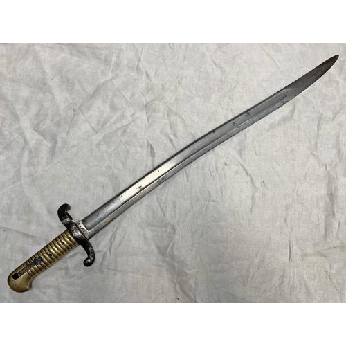 1090 - FRENCH M1842 YATAGHAN SWORD BAYONET WITH 56CM LONG FULLERED BLADE INSCRIBED MUTZIG TO ONE SIDE OF TH... 