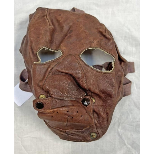1097 - WW2 LEATHER FLYING MASK WITH BUTTONED FLAP OVER MOUTH AND STITCHED BORDER