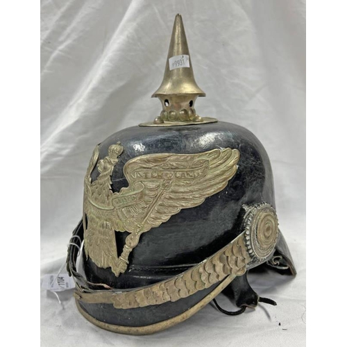 1104 - AGED COPY OF A PRUSSIAN PICKELHAUBE HELMET WITH LEATHER BODY, METAL MOUNTS & LEATHER LINER