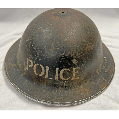 1107 - WW2 ERA BRITISH POLICE BRODIE HELMET, MARKED 'POLICE' TO FRONT, STAMPED TO INTERIOR WITH MARKINGS, L... 