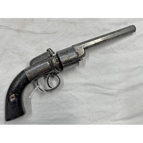 1109 - 19TH CENTURY PEPPER BOX REVOLVER WITH 13CM LONG OCTAGONAL SHAPED RIFLED BARREL, ETCHED BODY WITH CHE... 