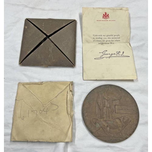 1115 - WW1 DEATH PENNY TO CHARLES YOUNG WITH PAPER, ENVELOPE AND CARD CASE