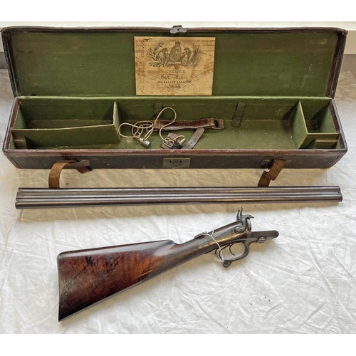 1117 - 13-BORE DOUBLE BARRELLED PIN FIRE SPORTING GUN BY BEATTIE WITH 75.5CM LONG SIGHTED DAMASCUS BARRELS ... 