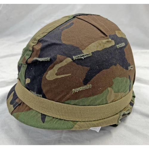 1128 - AMERICAN STEEL COMBAT HELMET WITH CAMO COVER & LINER WITH LABEL THAT READS 'LINER, GROUND TROOP'S HE... 