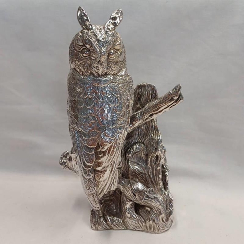 113 - SILVER MODEL OF A LONG EARED OWL STANDING ON A BRANCH, LONDON 1989 - 22.5CM TALL