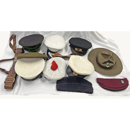 1139 - SAM BROWNE BELT WITH SHOULDER STRAP, BOYS SCOUTS HAT, MILITARY BERET MADE IN CANADA, NAVAL PORK PIE ... 