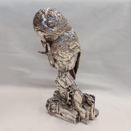 114 - SILVER MODEL OF A TAWNY OWL STANDING ON A BRANCH, LONDON 1989 - 23CM TALL
