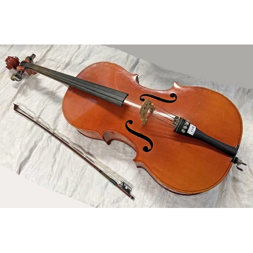 1170 - BOOSEY & HAWKES EXCELSIOR 3/4 CELLO WITH 68.5CM LONG BACK, 114CM LONG OVERALL WITH A BOW
