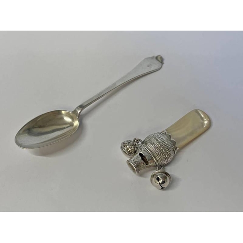 128 - SILVER CORONATION TREFID SPOON BY LOWE & SON, CHESTER 1953, & SILVER & MOTHER OF PEARL BABY RATTLE